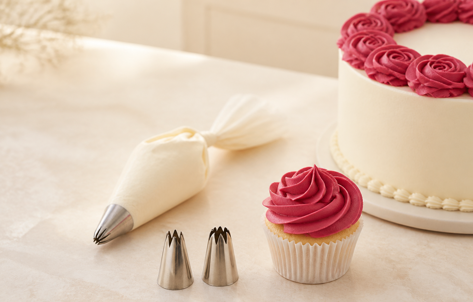 Buttercream piping tools and a decorated cupcake