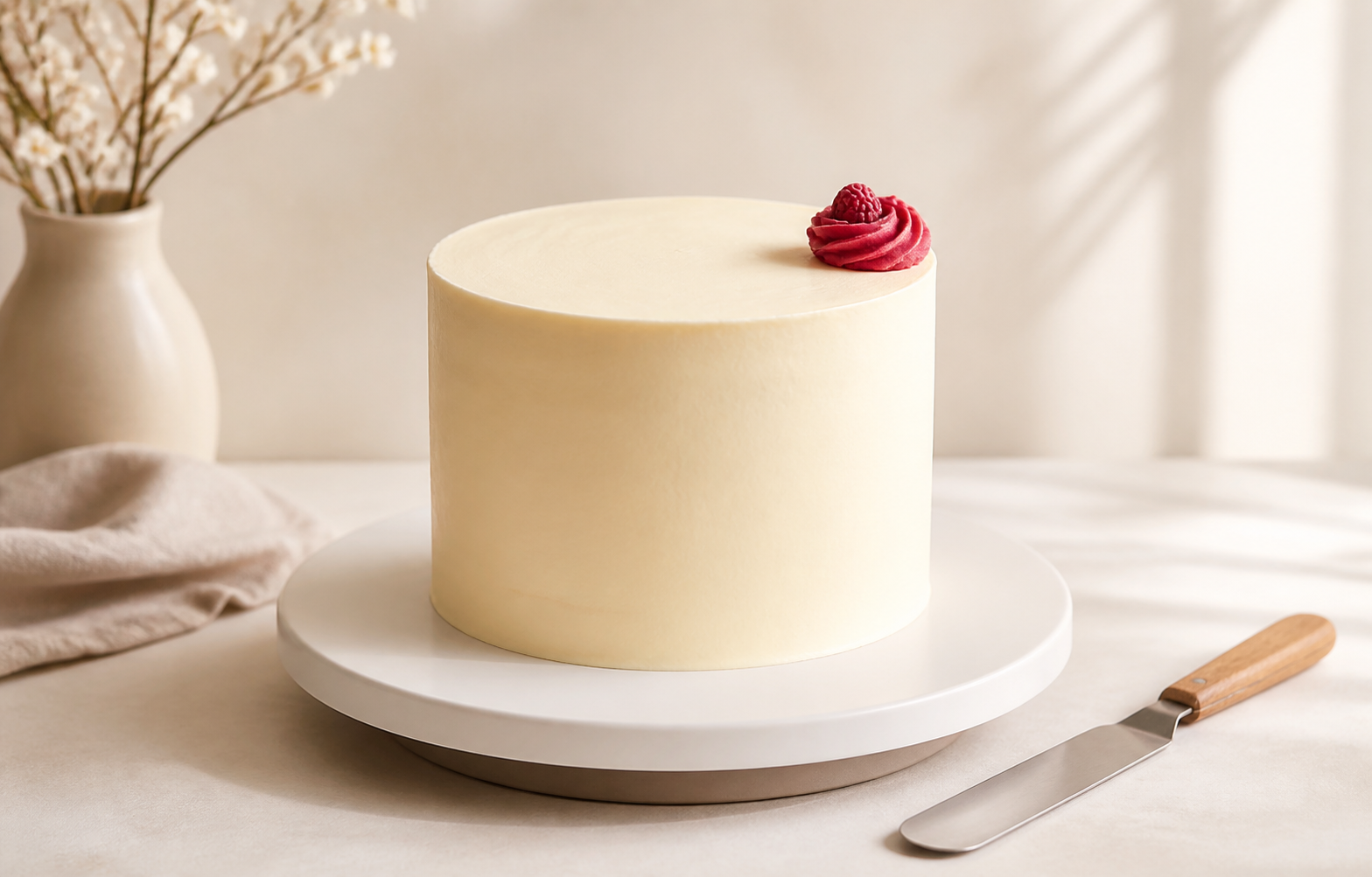 A frosted cake on a cake turntable